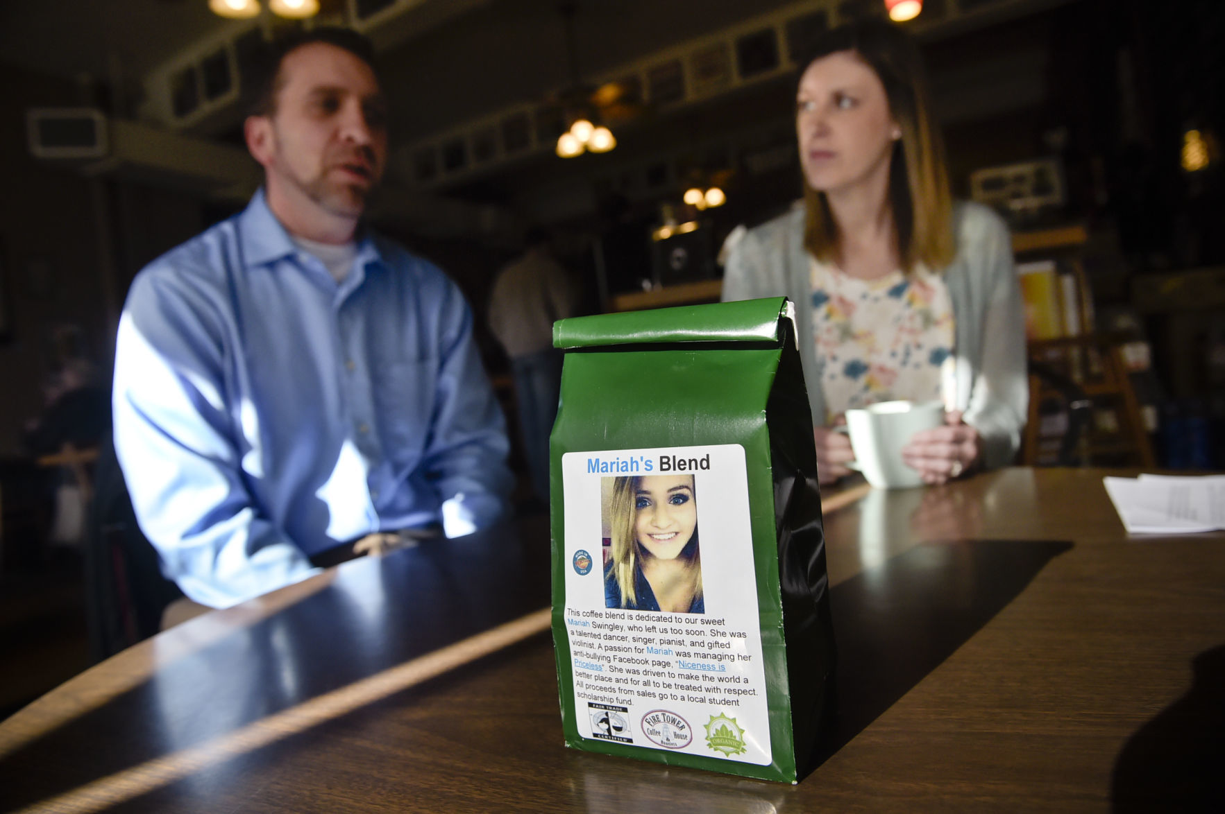 A bag of Mariah's Blend coffee, dedicated to Mariah Swingley who died in a 2015 car crash,